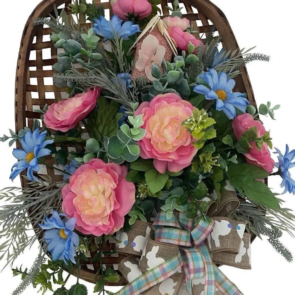 Floral Spring Easter Tobacco Basket Wall Door Decoration Handmade by Me New Pink